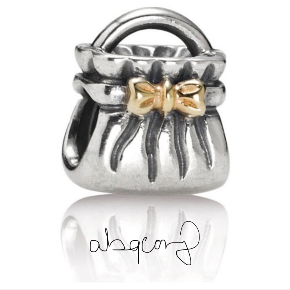 EUC Pandora 790474 Sterling Silver Purse Charm w/ 14k Yellow Gold Bow